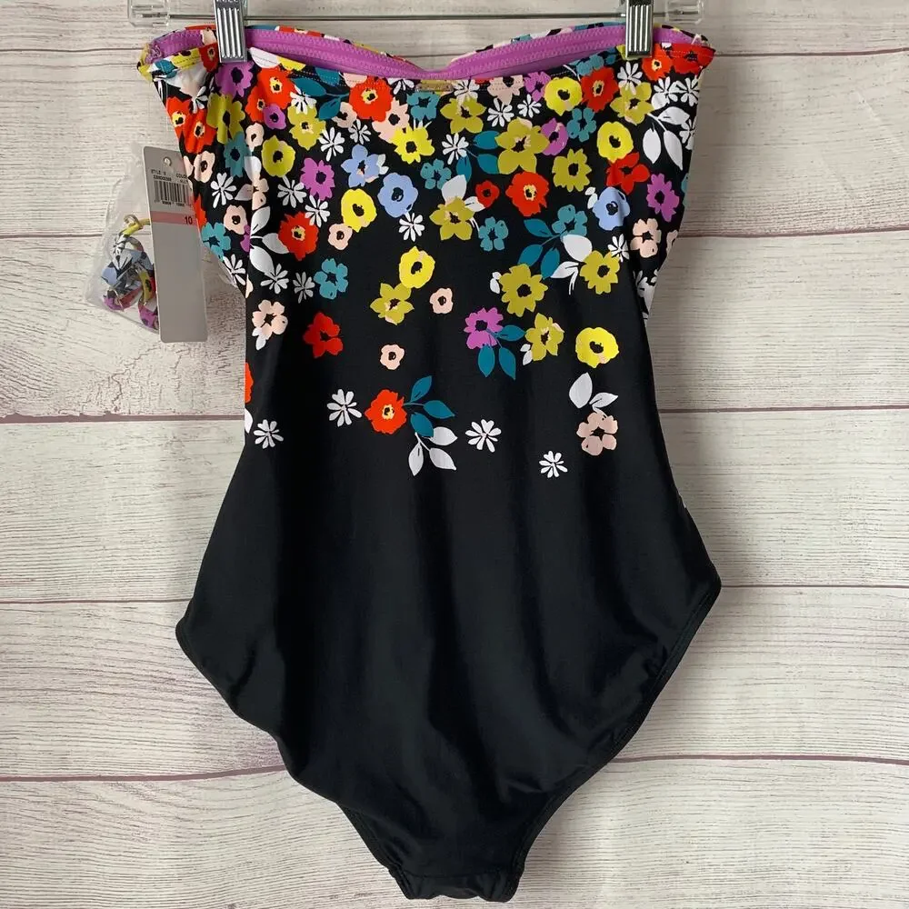 Anne Cole Black Colorful Floral Swimsuit Attachable Halter Strap Size 10